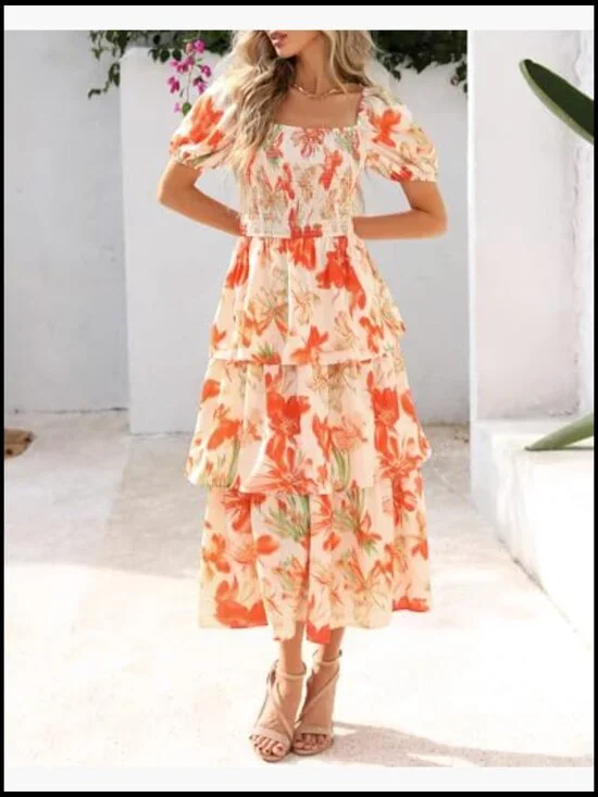 Square Neck Smocked Dress Puff Short Sleeve Floral Maxi Wedding Guest - Picture 5 of 7